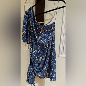 Nine West Blue Printed One-Shoulder Dress with Neutral Spots